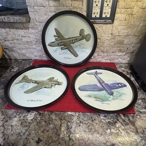 Vintage Commemorative Metal Aviation Tin Trays WWII Military Planes Set Of 3